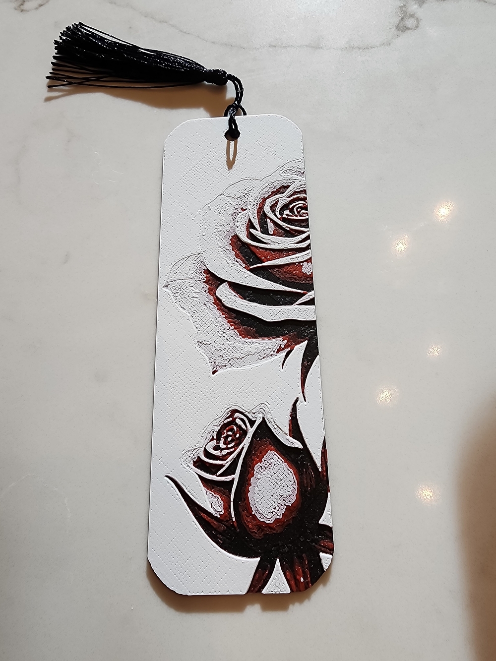 Floral Rose Tassel Bookmark — White with Red & Black Accents